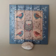 Falikép 22*22*1,5cm lambéria jellegű fa léces alapon - Madarak (dekupázs, festés)