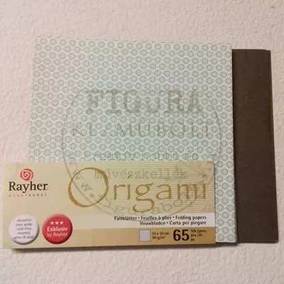 Origami papír 10*10cm 90g/m2, 65 db - Elöl fehér alapon zöld mintás, hátul barna