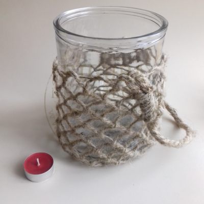 Üveg edény kötél-hálóban (váza, gyertyatartó, potpourri, stb)